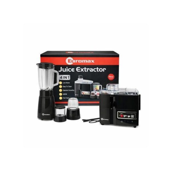 euromax 4 in 1 juicer blender – 600w food processor with grinder, mill & chopper (black)