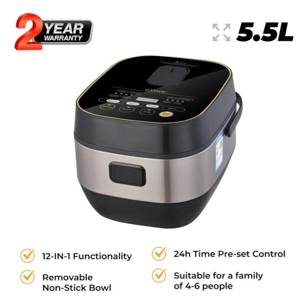 multi cooker 12 in 1 electric pressure cooker 5.5l hrs5e, with removable non stick bowl, stainless steel, 24h time pre set control