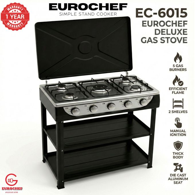 eurochef ec 6015 deluxe gas stove – 5 gas burners, storage shelves, die cast aluminum seat, thick body eurochef ec 6015 deluxe gas stove – 5 gas burners, storage shelves, die cast aluminum seat, thick body