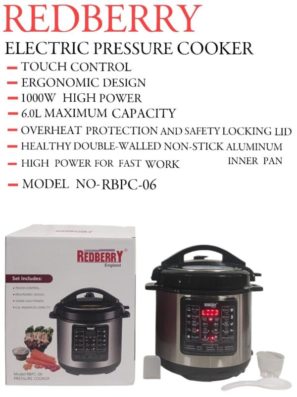 redberry premium rbpc 6 6l electric pressure cooker: touch control, 1000w high power, 6l, overheat protection, safety loking lid