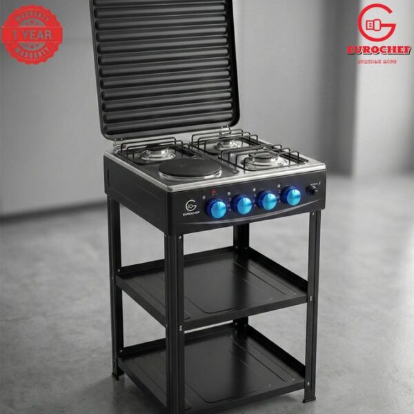 eurochef ec 6024 (3+1) standing cooker – 3 gas burners + 1 electric hot plate with storage shelves