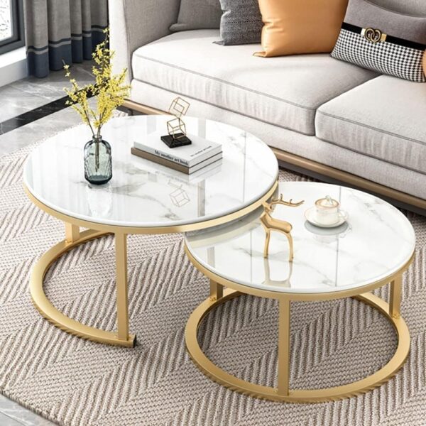 marble nesting coffee tables set with glass top and gold metal legs for living room decor, glass marble nesting table