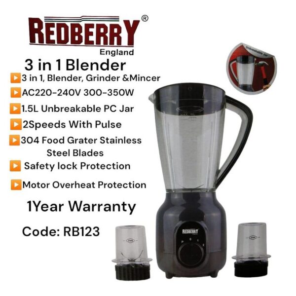 redberry 3 in 1 blender (juicer, grinder & chopper) – 1.5l multi function kitchen appliance