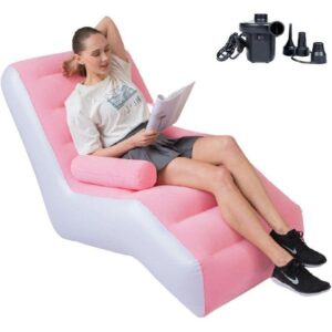 lazy inflatable sofa inflatable deck chair flocking backrest couch, inflatable deck chair with air pump, foldable lounge chair for bedroom and living room, indoor sofa lounge with handrails, multicolor