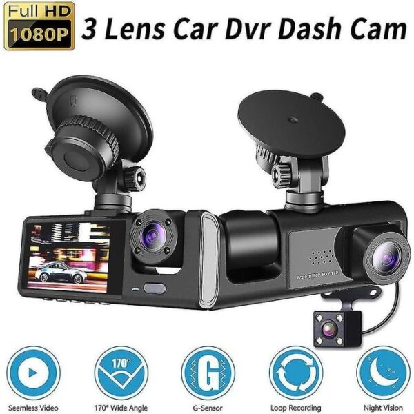 3 channel dash cam front and rear inside, 1080p dash camera for cars, dashcam three way triple car camera with ir night vision, loop recording, g sensor, parking monitor, 24 hours recording