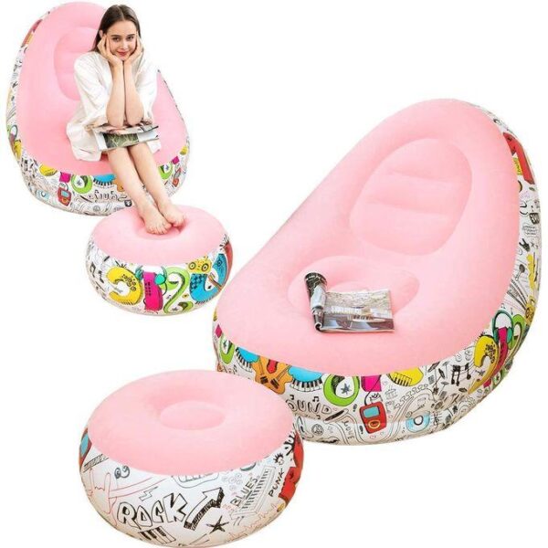 portable inflatable lounge chair with ottoman blow up chaise lounge air lazy sofa set flocked couch portable inflatable seats for lounge inflatable deck chair for indoor & outdoor with free pump, multicolor