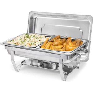 chafing dish buffet set, 9l chafers for catering with 1 full & 2 half size food pans lids foldable frames fuel holders, stainless steel food warmers chaffing dish with double partition & proper deep insert for parties buffets banquets dinners