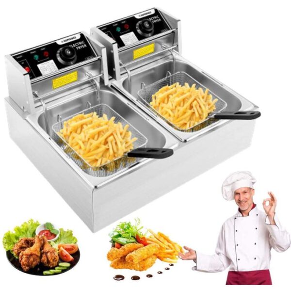 nunix 12l electric deep fryer commercial double 6l deep fat fryer chip pan with lid & basket temperature control stainless steel for home, restaurant, fast food restaurant 2500w + 2500w