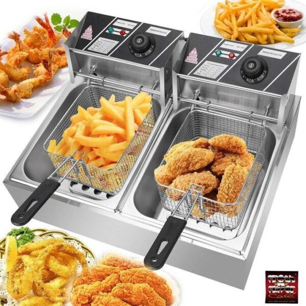 owngreat 12l electric deep fryer commercial double 6l deep fat fryer chip pan with lid & basket temperature control stainless steel for home, restaurant, fast food restaurant 5000w