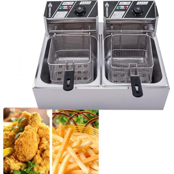 owngreat 12l electric deep fryer commercial double 6l deep fat fryer chip pan with lid & basket temperature control stainless steel for home, restaurant, fast food restaurant 5000w