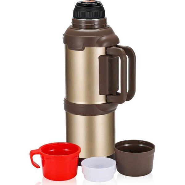 thermos flask, 3.6 liters, insulated flask, stainless steel drinking bottle, insulated bottle with 3 drinking cups, double wall insulation, camping water bottle with handle, 48 hours hot and cold