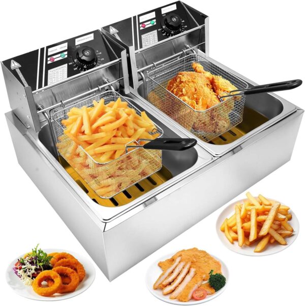 12l electric deep fryer commercial double 6l deep fat fryer chip pan with lid & basket temperature control stainless steel for home, restaurant, fast food restaurant 2500w + 2500w