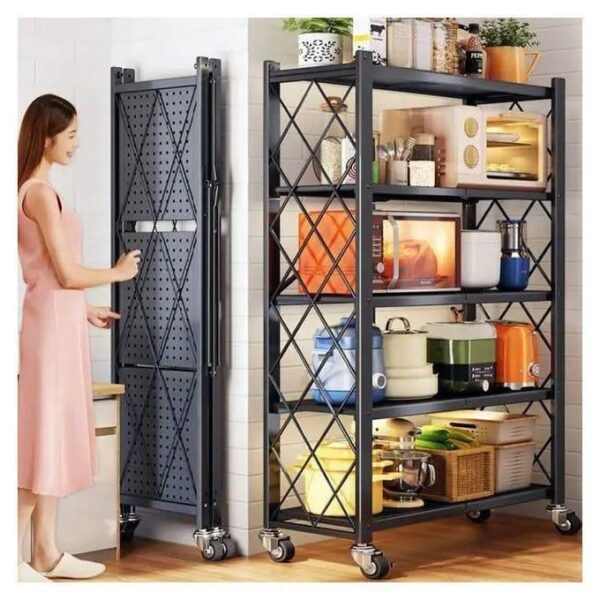 hot sale 5 tier rotating multi layer folding kitchen display shelf foldable kitchen storage rack floor type rack kitchen organizer rack, multicolor
