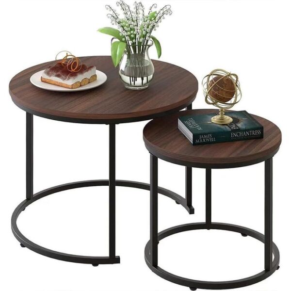 set of 2 nesting coffee tables, round shape with black metal frame and walnut wood top, space saving coffee tables design industrial, living room, home, office