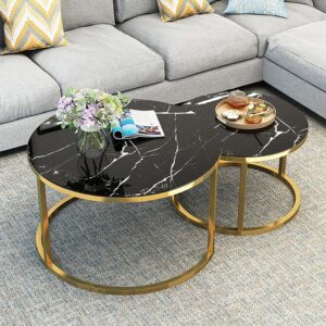 set of 2 nesting of round coffee table set black end table with marble look table top and metal frame sofa glass effect side table snack table corner end tea table for living room,70cm+50cm