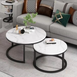 marble coffee table set, pure marble nesting tables modern round nesting table set of 2 coffee tables for living room, console table set with anti rust sturdy metal frame for bedroom living room home office, multicolour
