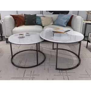 pure marble nesting table set, marble coffee table set, modern round nesting table set of 2 coffee tables for living room, console table set with anti rust sturdy metal frame for bedroom living room home office