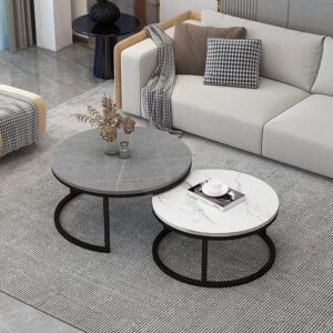 marble coffee table set, pure marble nesting table set, modern round nesting table set of 2 coffee tables for living room, console table set with anti rust sturdy metal frame for bedroom living room home office, multicolour