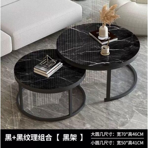 set of 2 nesting of round coffee table set black end table with marble look table top and metal frame sofa side table snack table corner end tea table for living room, multicolour