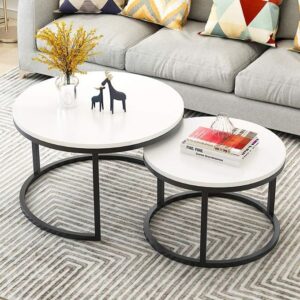 nesting of round coffee table set of 2 black end table with marble look table top and metal frame sofa glass side table snack table corner end tea table for living room,70cm+50cm, multicolor