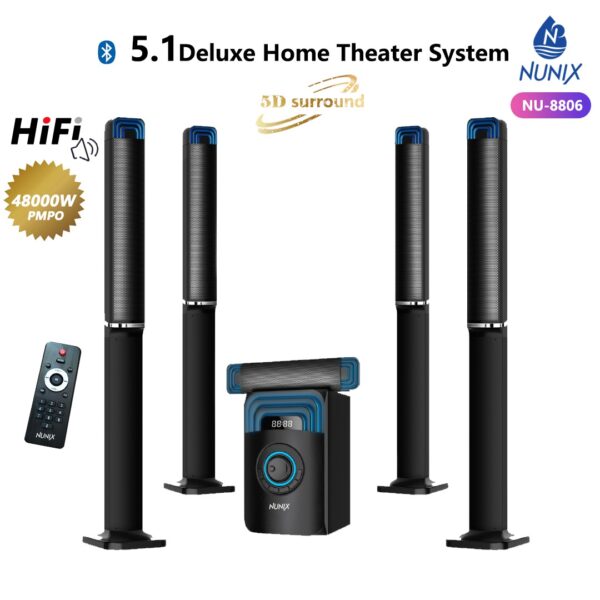 nunix nu 8806 5.1 channel deluxe home theater system – 48000w super music system with bluetooth, usb, fm & powerful surround sound
