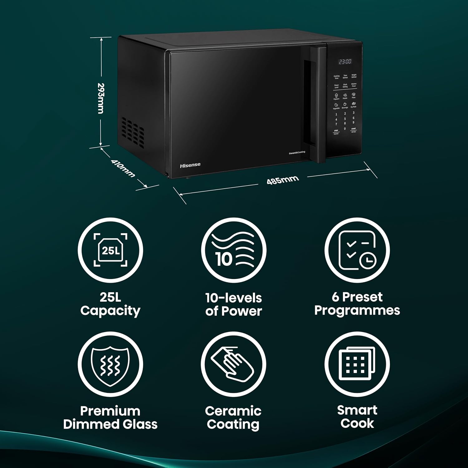 hisense h25mobs7huk 25 litre electronic microwave with auto defrost, digital display, smart cook, multi level cooking and easy clean black: 10 levels of power, 6 preset programmes, premium dimmed glass