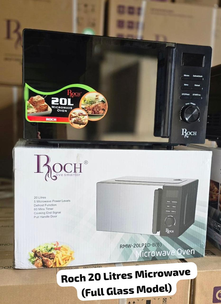 new model 20 liters digital roch microwave rmw20lp1d b with 5 microwave power levels, defrost function, 60mins timer, cooking end signal and pull handle door.