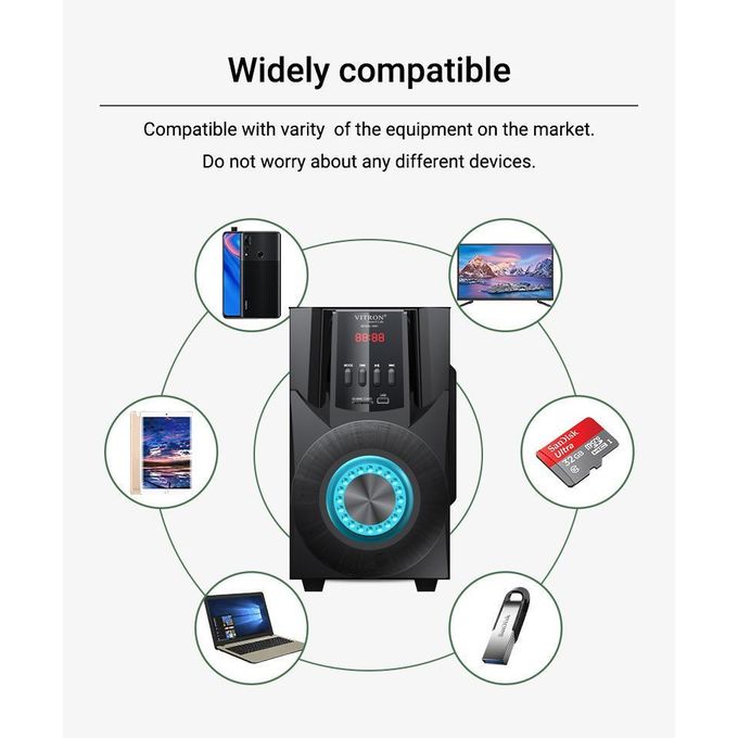 vitron v641 3.1 channel bluetooth multimedia speaker system – 60w home theatre subwoofer system with deep bass, usb, sd card, fm radio & remote control – black vitron v641 3.1 channel bluetooth multimedia speaker system – 60w home theatre subwoofer system with deep bass, usb, sd card, fm radio & remote control – black
