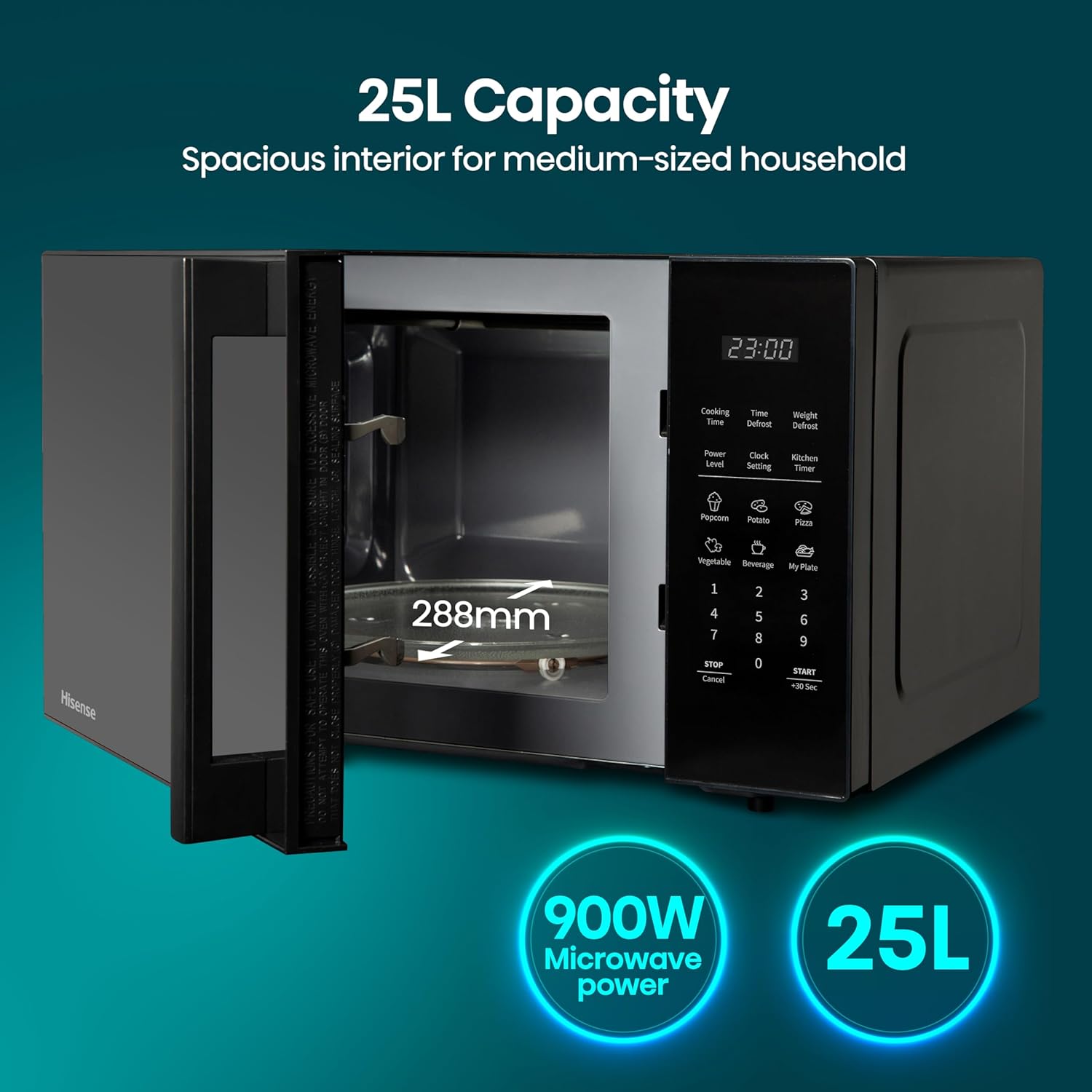 hisense h25mobs7huk 25 litre electronic microwave with auto defrost, digital display, smart cook, multi level cooking and easy clean black: 10 levels of power, 6 preset programmes, premium dimmed glass