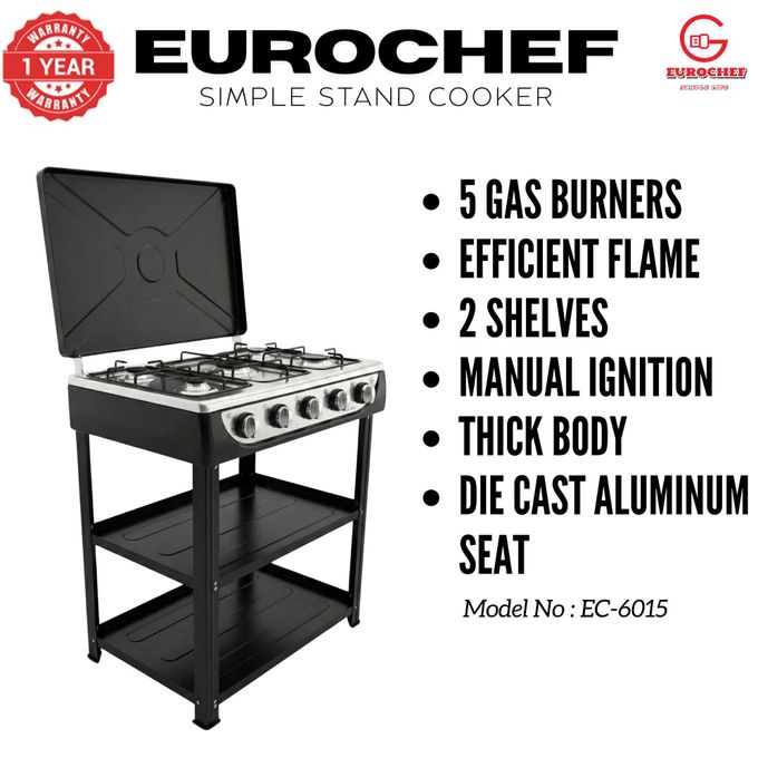 eurochef ec 6015 deluxe gas stove – 5 gas burners, storage shelves, die cast aluminum seat, thick body eurochef ec 6015 deluxe gas stove – 5 gas burners, storage shelves, die cast aluminum seat, thick body