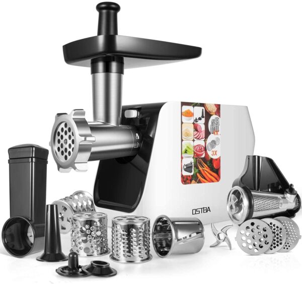 electric meat grinder 2000w max meat mincer with sausage stuffer, 5 in 1 food grinder with sausage, kubbe, shredding, slicing, grinder, tomato juicing kits, overheat protection