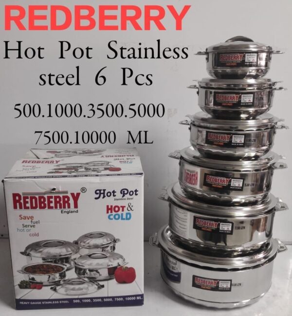 6 pieces redberry premium range of stainless steel insulated hotpot 6pcs set | sizes 500/1000/3500/5000/7500/10000