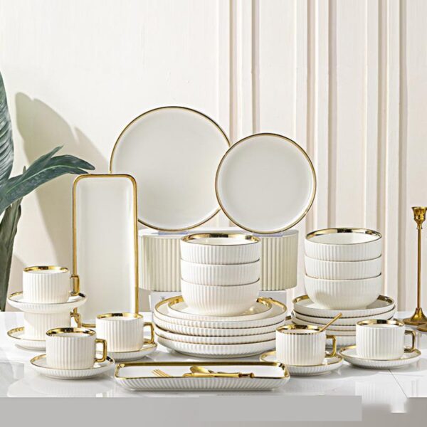 european design 32 piece gold rim ceramic tableware set – premium porcelain dinner set, luxury presentation