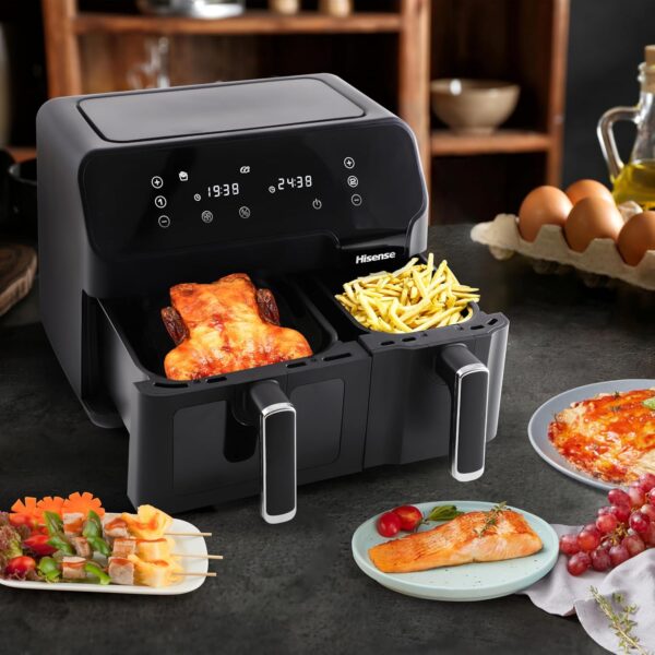 hisense dual basket air fryer 8.6l – visible window (digital, black), 8 preset cooking programs