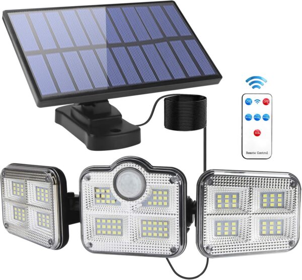 solar lights outdoor indoor led solar motion sensor lights 3 adjustable heads 270° illumination: security flood light waterproof solar powered wall lights with remote control & 5m cables