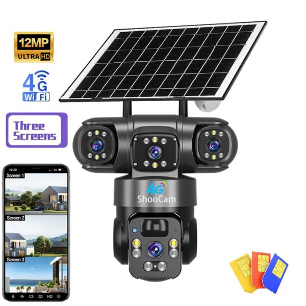 triple lens 4g ptz solar cctv camera with three screens, 12mp v380 pro wifi/4g solar powered wireless human motion tracking ptz 4g camera solar sim cctv camera for home