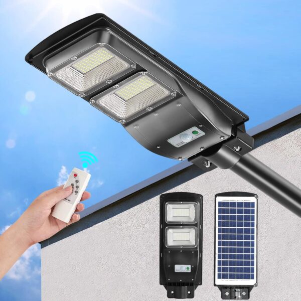 200w solar street lights, 6000k outdoor led street light dusk to dawn with radar sensor solar pole light for garage, driveway (200w) solar street light plus pole