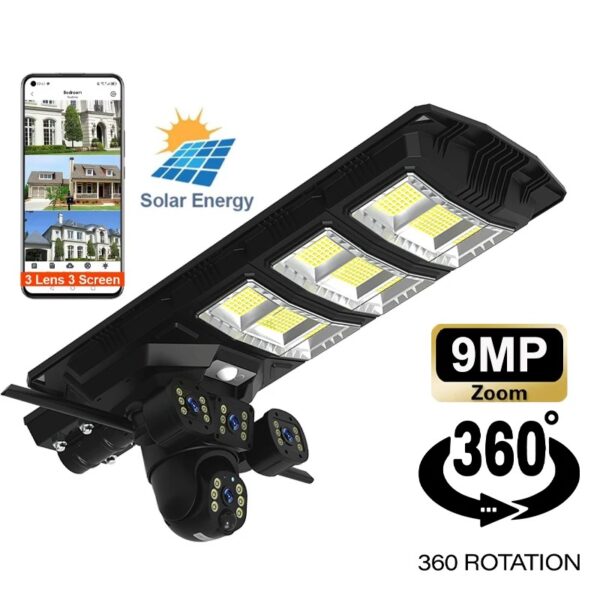 3 in1 ai solar camera with with street light solar system 360 degree coverage 450watts, security 9mp 450w 4g sim card wifi pir human motion outdoor camera ip65 integrated solar street light two way audio night vision