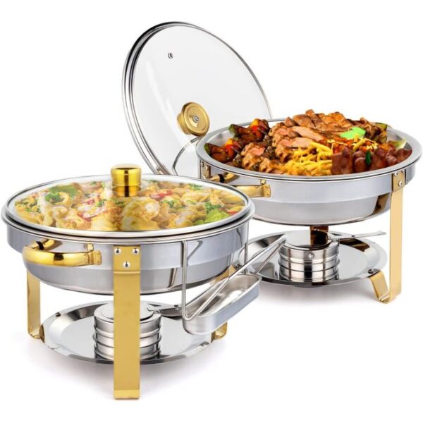 5 liters chafing dish buffet, 5qt gold round chafing dishes for buffet, high grade chafers and buffet warmers sets with glass lid, rolled edge food warmers for parties, weddings, catering, multicolor, pack of 1