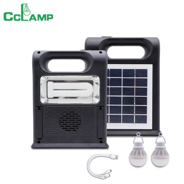 cclamp cl 22 solar emergency portable lighting kit – fm radio, power bank & 2 led bulbs | fm radio, tf card / usb playback support, usb phone charging output