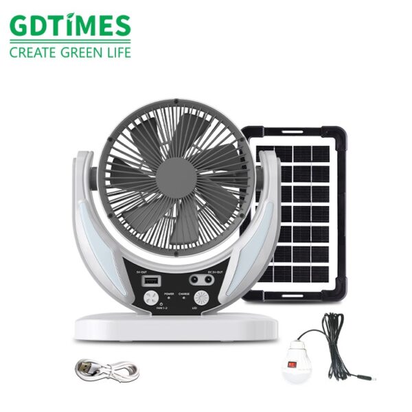 gdtimes 6 inch solar table fan solar panel usb port lithium battery (4500mah) 6 8 hours with one led bulb for home desk bedroom outdoor office