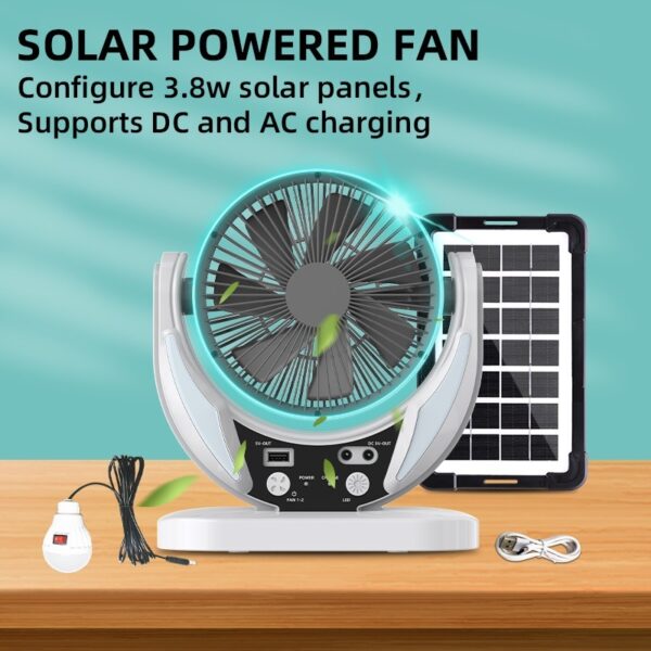 gdtimes solar rechargeable fan with one led bulb, mobile charging, night light and solar panel 6 inch fan 3 speed work time 4 8 hours mobile charger 6v 4w solar panel