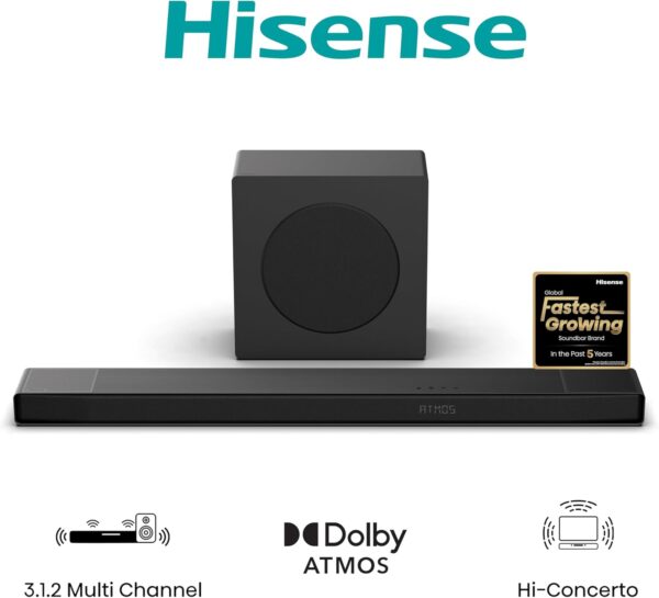 hisense ax3120q, 3.1.2 ch soundbar, 2 up firing speakers, hi concerto, dolby atmos, dts:x, room fitting tuning,6.5" wireless subwoofer, ezplay 3.0,connectlife