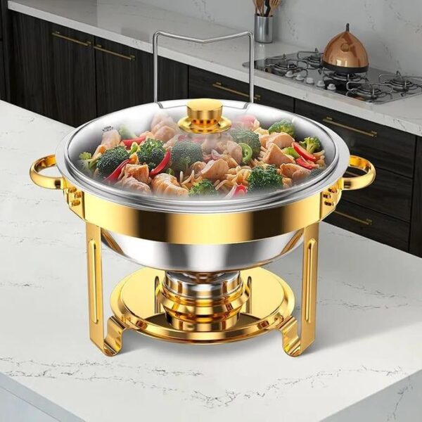 5 liters chafing dish buffet, 5qt gold round chafing dishes for buffet, high grade chafers and buffet warmers sets with glass lid, rolled edge food warmers for parties, weddings, catering, pack of 1