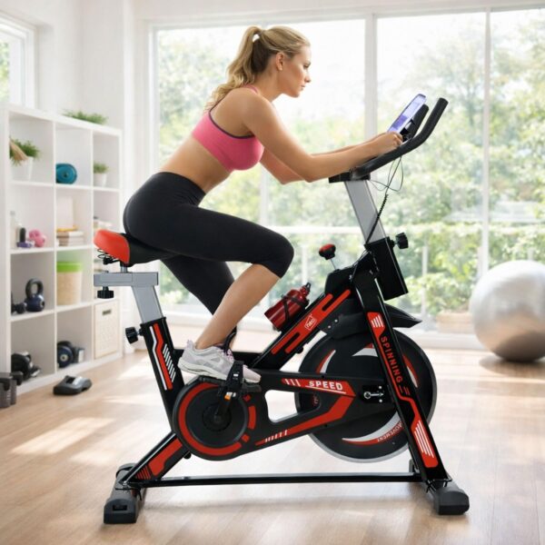 sport spinning spin bike also known as an exercise bike or stationary bicycle 35kgs 85051,magnetic indoor exercise bike for home use stationary cycling with lcd monitor pulse sensor flywheel quiet belt drive tablet holder 120kg max user weight, black/red