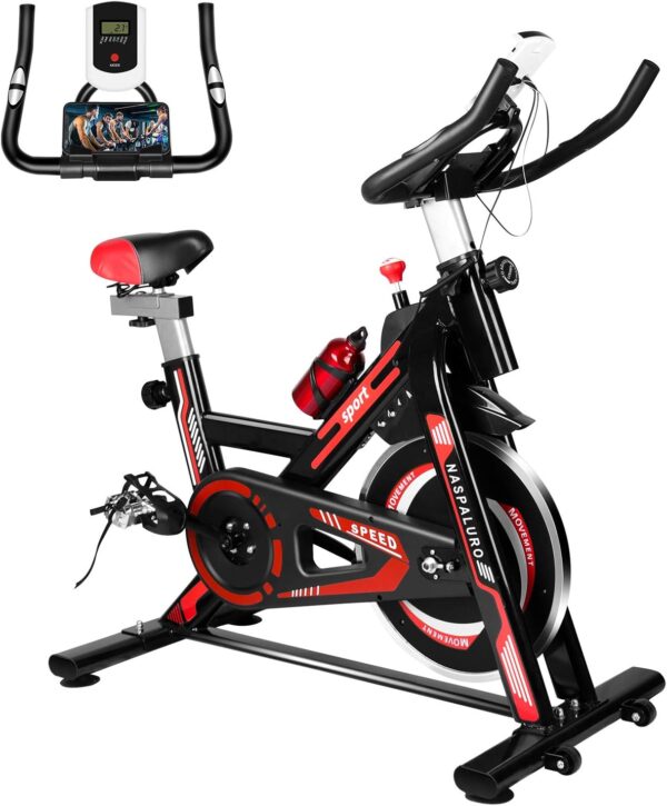 indoor cycling exercise bike belt drive bike with 11kg flywheel/magnetic resistance/adjustable seat/lcd display bike for home cardio exercise, sport spinning spin bike also known as an exercise bike or stationary bicycle 35kgs 85051, black/red