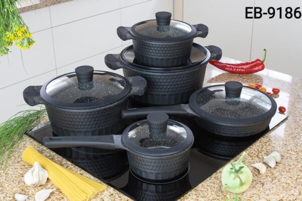 edenburg 10pc cookware set(black), edenberg 10 piece ceramic marble cookware set with 6.4l, 4.6l, 2.6l, 1.5l pots and 2.2l pan for gas, electric, halogen, ceramic and induction hobs