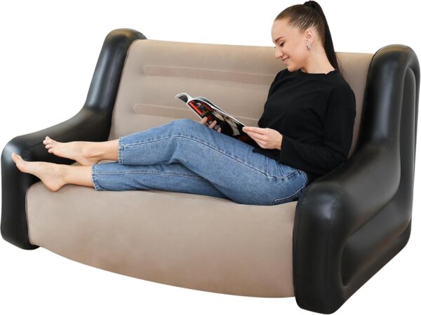 inflatable couch, pvc flocked surfaces blow up couch for camping, glamping or home, 165kgs load, inflatable modern 2 seater sofa with armrests & free pump for indoor & outdoor use, portable two seater air sofa and movie loveseat with armrest