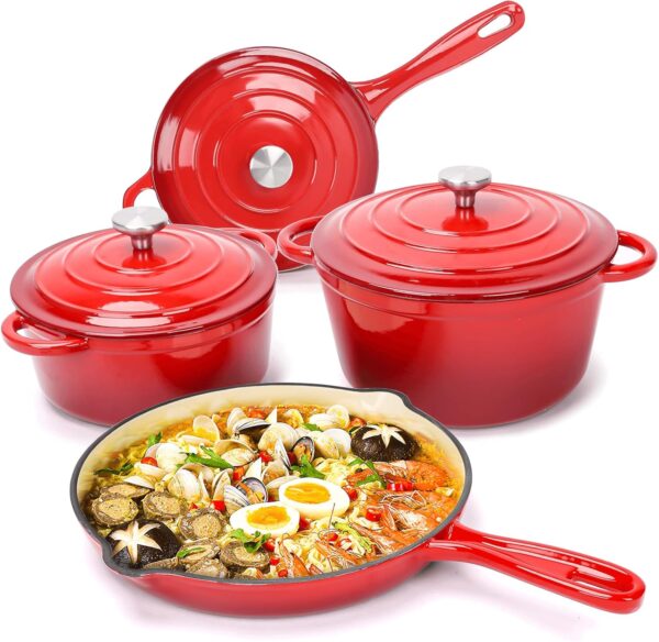 orange 7 piece heavy weight cast iron cookware set – enamel coated dutch ovens & frying pan with lids – oven safe, induction ready, non stick for gas, electric & ceramic, 7pcs enamel cast iron cookware good quality