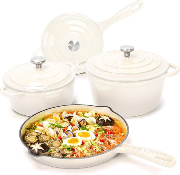 cream white 7 piece heavy weight cast iron cookware set – enamel coated dutch ovens & frying pan with lids – oven safe, induction ready, non stick for gas, electric & ceramic, 7pcs enamel cast iron cookware good quality